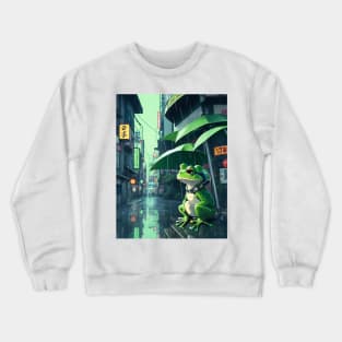 3D Art Frog in Japan Street Kawaii Lofi rain Crewneck Sweatshirt